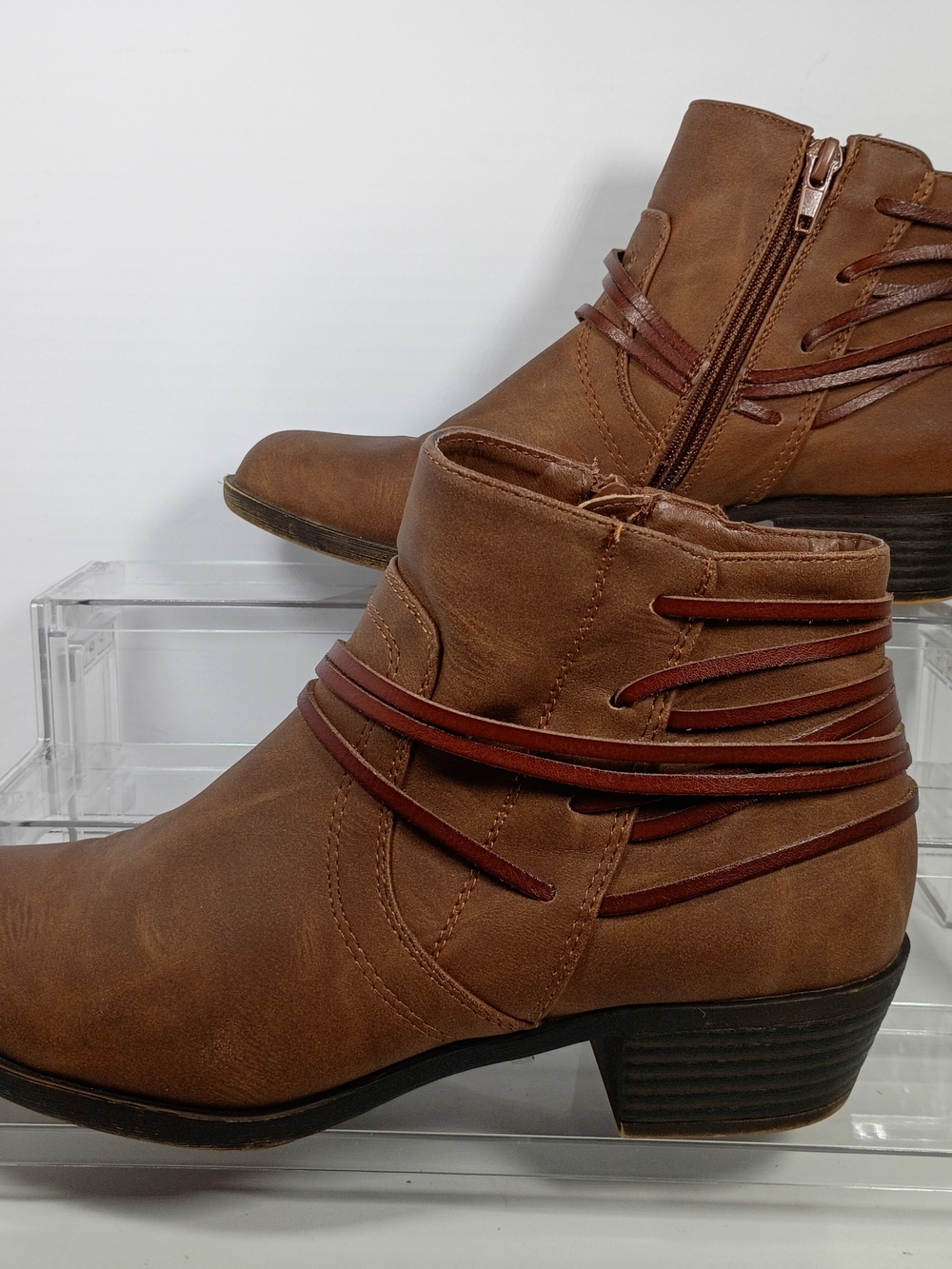 Madden Girl Women's Brown PU Ankle Bootie Zip Straps Block Heel Round Toe Sz 7.5